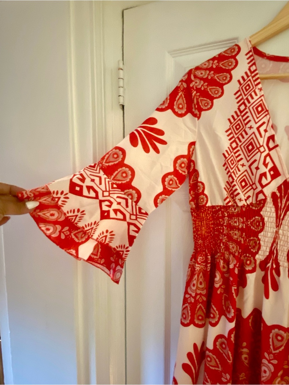 Red and White Patterned V-Neck Women's Dress - Picture 6 of 8